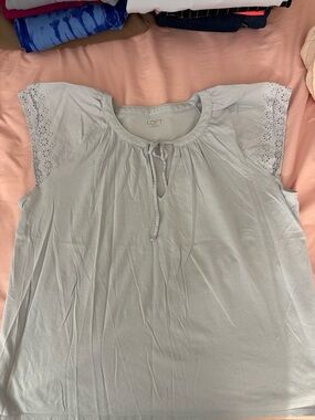 Loft Pale Blue Short Sleeve Blouse With Lace Sleeve Design SZ L